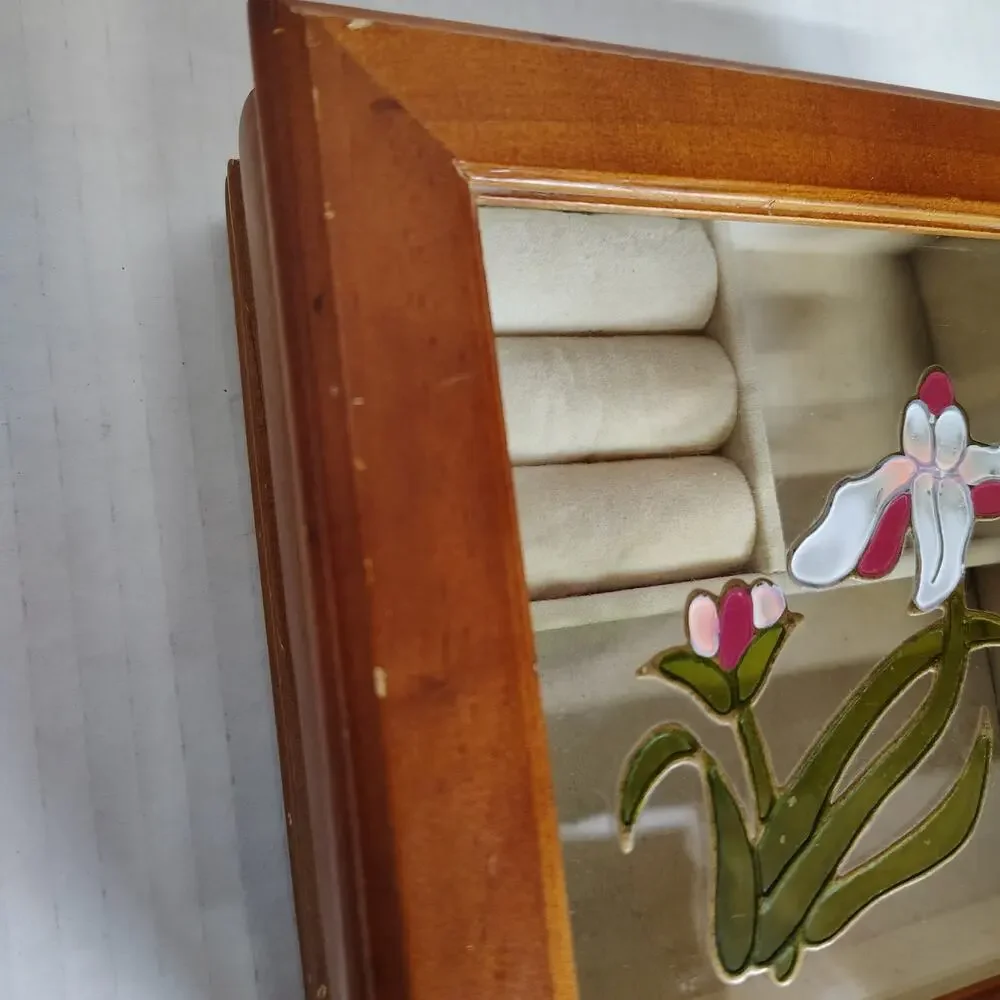 Wood Glass Top Jewelry Box Stained Glass Floral Ring Display Trinket Box